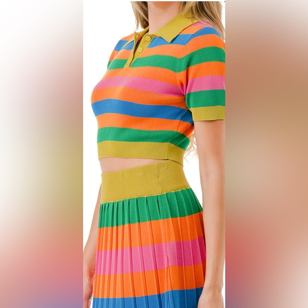 Women’s Colorful Rainbow Striped Cropped Shirt & Pleated Maxi Skirt Set Sz Large - Picture 2 of 12